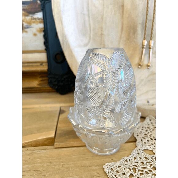 Vintage Fenton Glass Fairy Lamp Clear Carnival Iridescent Candle Holder Strawber - Picture 2 of 6